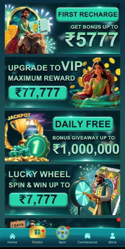 KK789 bonus offers including first recharge up to ₹5777, VIP upgrade rewards, and daily free jackpot spins.
